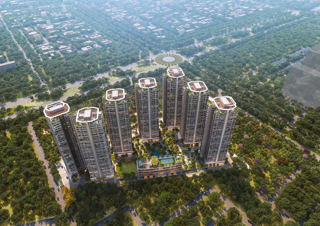 Aerial view of the seven Eldeco 7 Peaks Residences towers on their 7.5-acre plot at Sector Omicron 1A, Greater Noida — artistic impression, developer's brochure