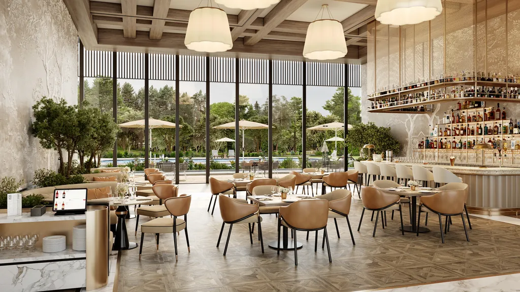 A café floor of tables and tan leather chairs under drum pendants, with a bar counter along the back wall and glazing onto a terrace, at Eldeco 7 Peaks Residences, Omicron 1A — builder render, artistic visualisation