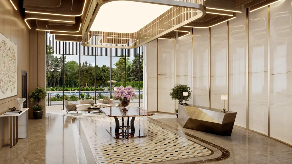 A double-height club lobby with an inlaid stone floor, a sculpted reception desk and full-height glazing onto planting, at Eldeco 7 Peaks Residences, Omicron 1A — builder render, artistic visualisation