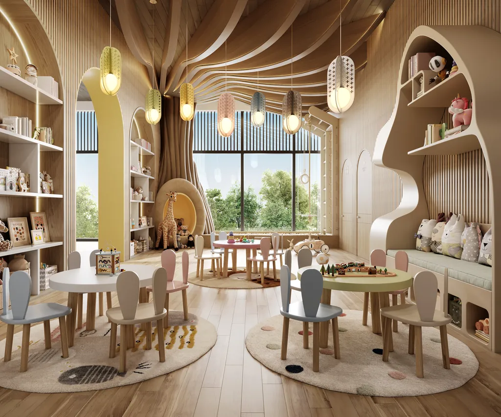 A crèche room with tree-shaped timber shelving, low round tables with rabbit-eared chairs, soft toys and a reading nook, at Eldeco 7 Peaks Residences, Omicron 1A — builder render, artistic visualisation