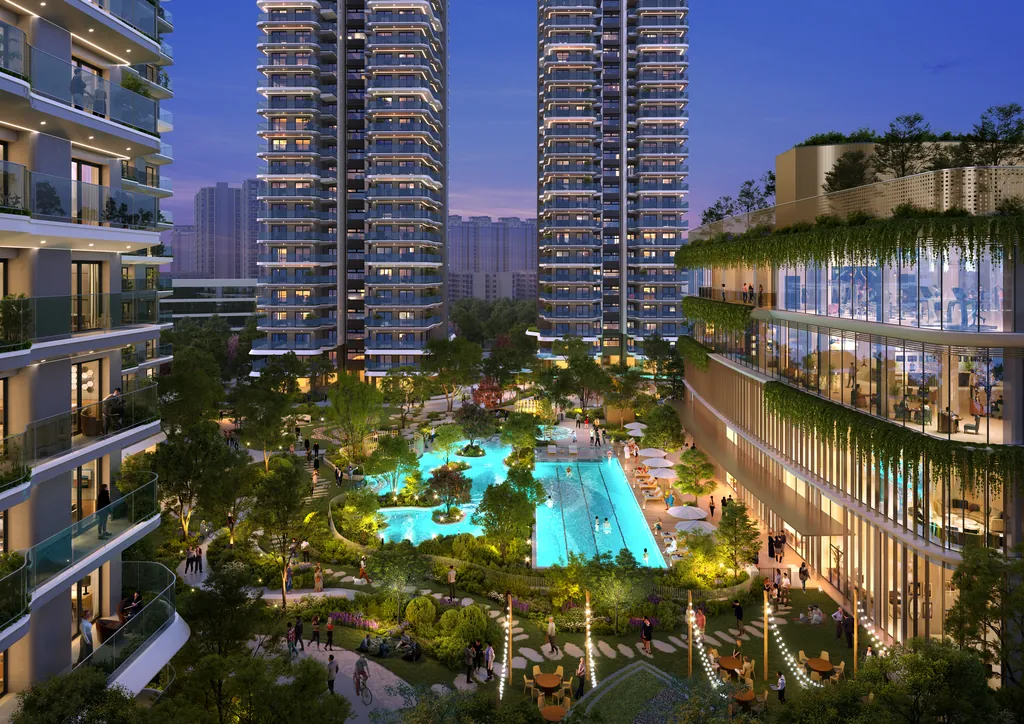 Evening view of the central pool and podium between the Eldeco 7 Peaks towers — artistic impression, developer's brochure