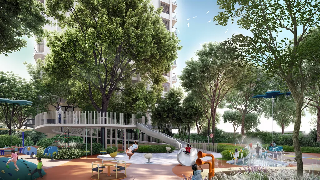 A children's play area with a slide, a roundabout, splash-pad jets and play sculptures, with a shallow pool beyond, at Eldeco 7 Peaks Residences, Omicron 1A — builder render, artistic visualisation