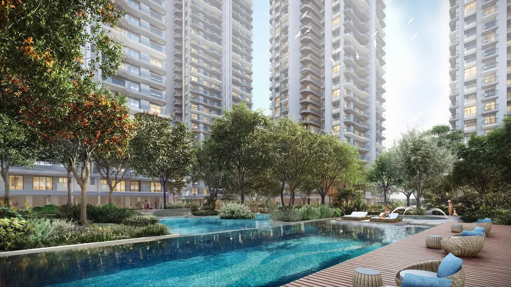 A long lap pool running between two towers, with sun loungers on a timber deck alongside, at Eldeco 7 Peaks Residences, Omicron 1A — builder render, artistic visualisation