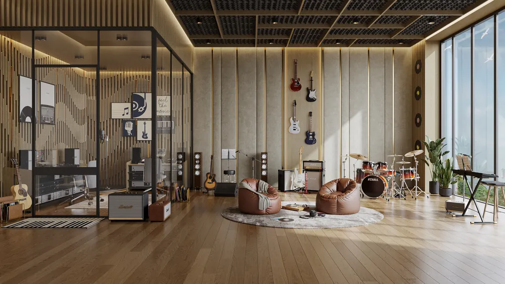 A music room with guitars hung on the wall, a drum kit, an electric piano and beanbag seating on a rug, behind a glazed partition, at Eldeco 7 Peaks Residences, Omicron 1A — builder render, artistic visualisation