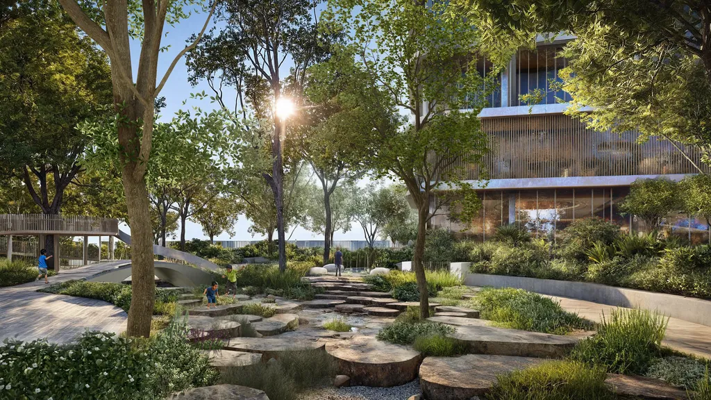 A garden of stone slab paths and boulders set among mature trees, running along a louvred building elevation, at Eldeco 7 Peaks Residences, Omicron 1A — builder render, artistic visualisation