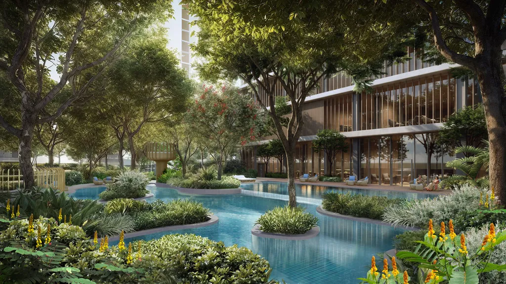 A free-form pool with planted islands in it, running along the louvred face of the clubhouse, at Eldeco 7 Peaks Residences, Omicron 1A — builder render, artistic visualisation