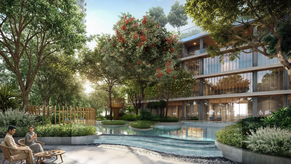 Water stepping down in shallow terraces into a pool below the clubhouse, with two people seated in cane chairs on the paving alongside, at Eldeco 7 Peaks Residences, Omicron 1A — builder render, artistic visualisation