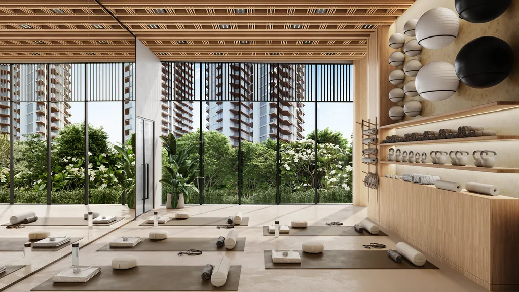 A yoga room with mats, bolsters and cushions laid out on the floor facing a glazed wall, with towers visible beyond, at Eldeco 7 Peaks Residences, Omicron 1A — builder render, artistic visualisation
